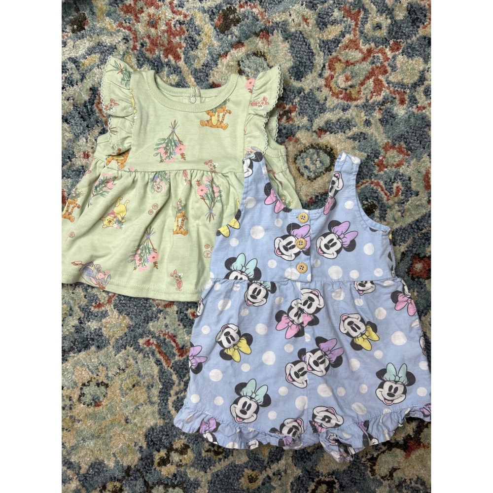 Disney Girls 3-6M Dress Romper Bundle Green Blue Winnie Pooh Minnie Mouse
